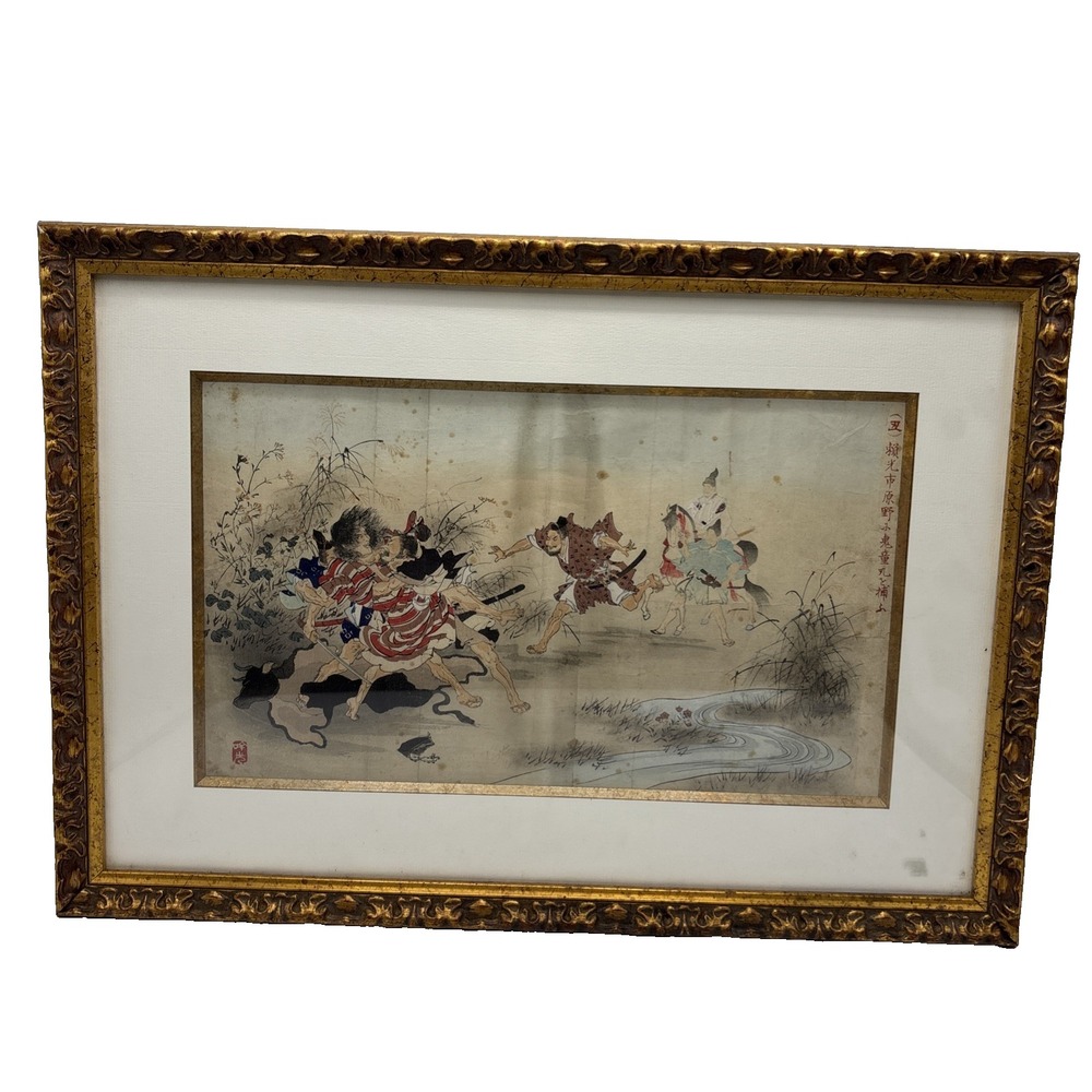 Antique Japanese War Woodblock Print Signed Late 19th Century Framed Art